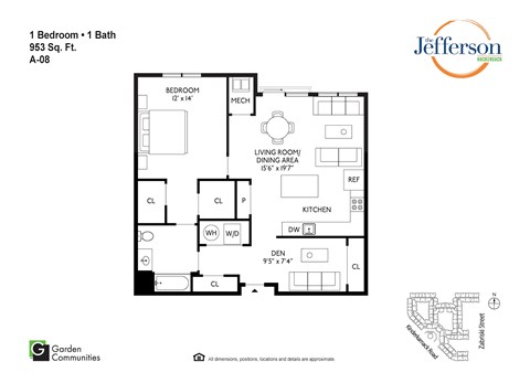 Floor plan for 1 bed, 1 bath, 953 sqft